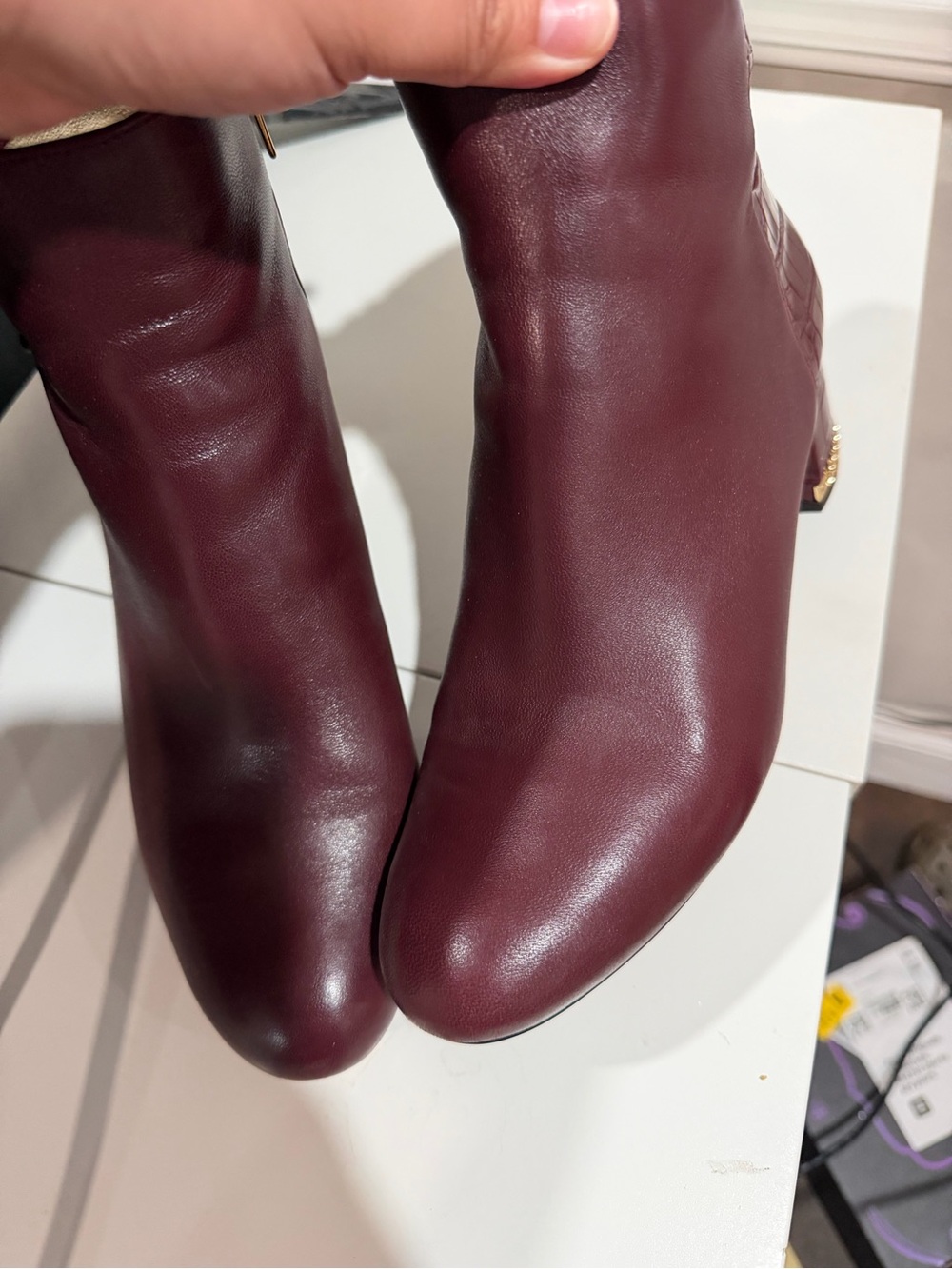 Michael Kors Burgundy Croc-Detail Block Heel Ankle Boots with Gold Chain - Picture 10 of 11